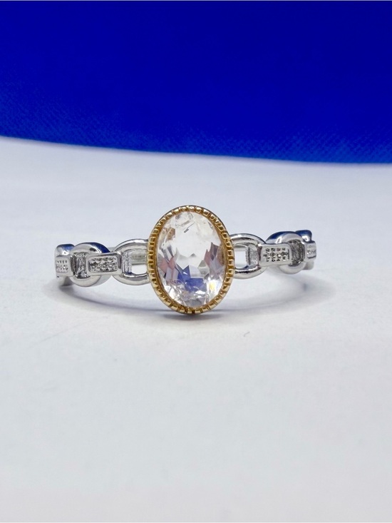 None Jewelry - Adjustable Silver Tone Oval Clear Crystal Ring | Two-Tone Bezel